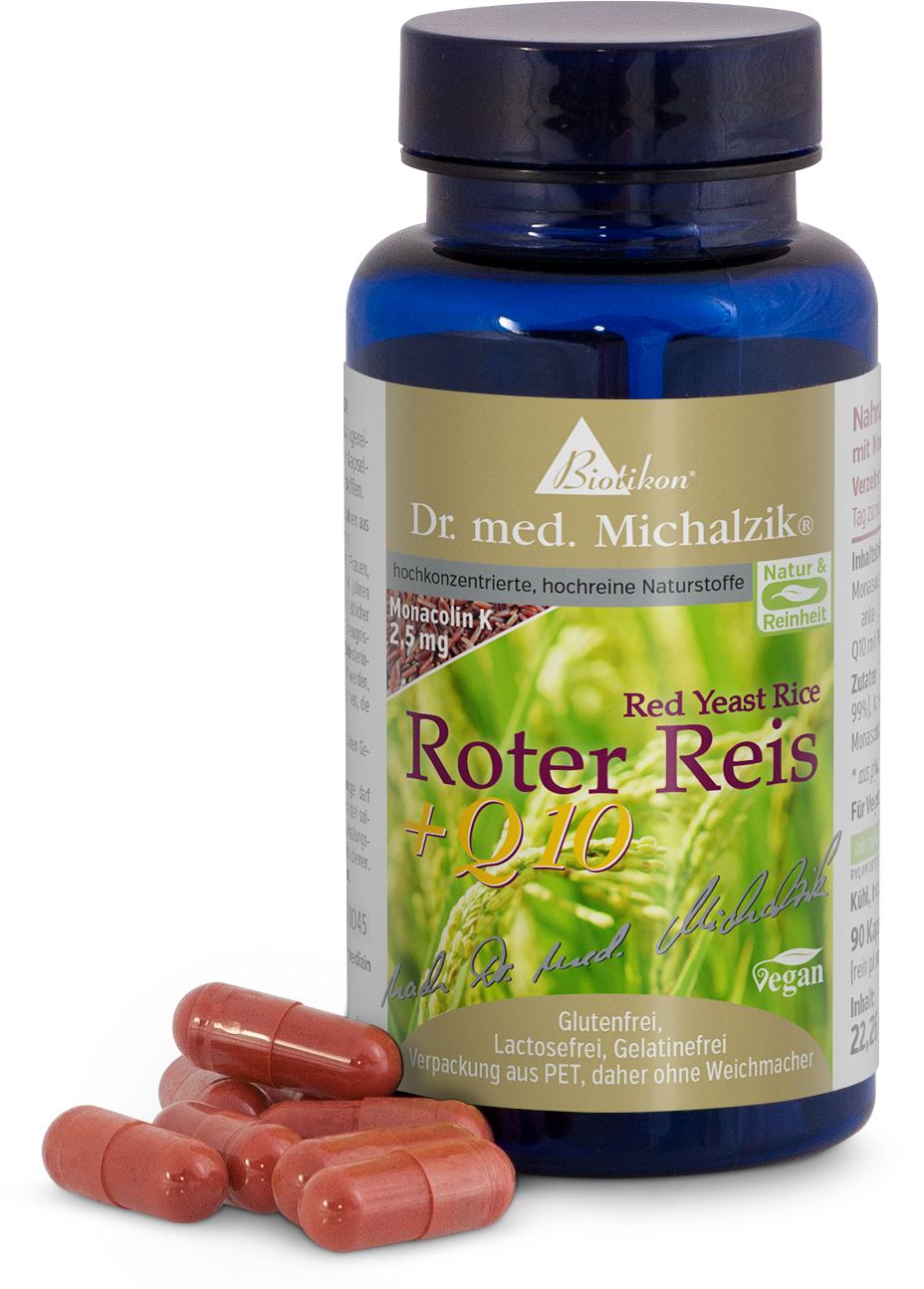 Arroz Rojo 2,5 mg - Cápsulas Botella con cápsulas de arroz rojo y Q10, 90 piezas, envase PET, vegano, cápsulas de color rosa.