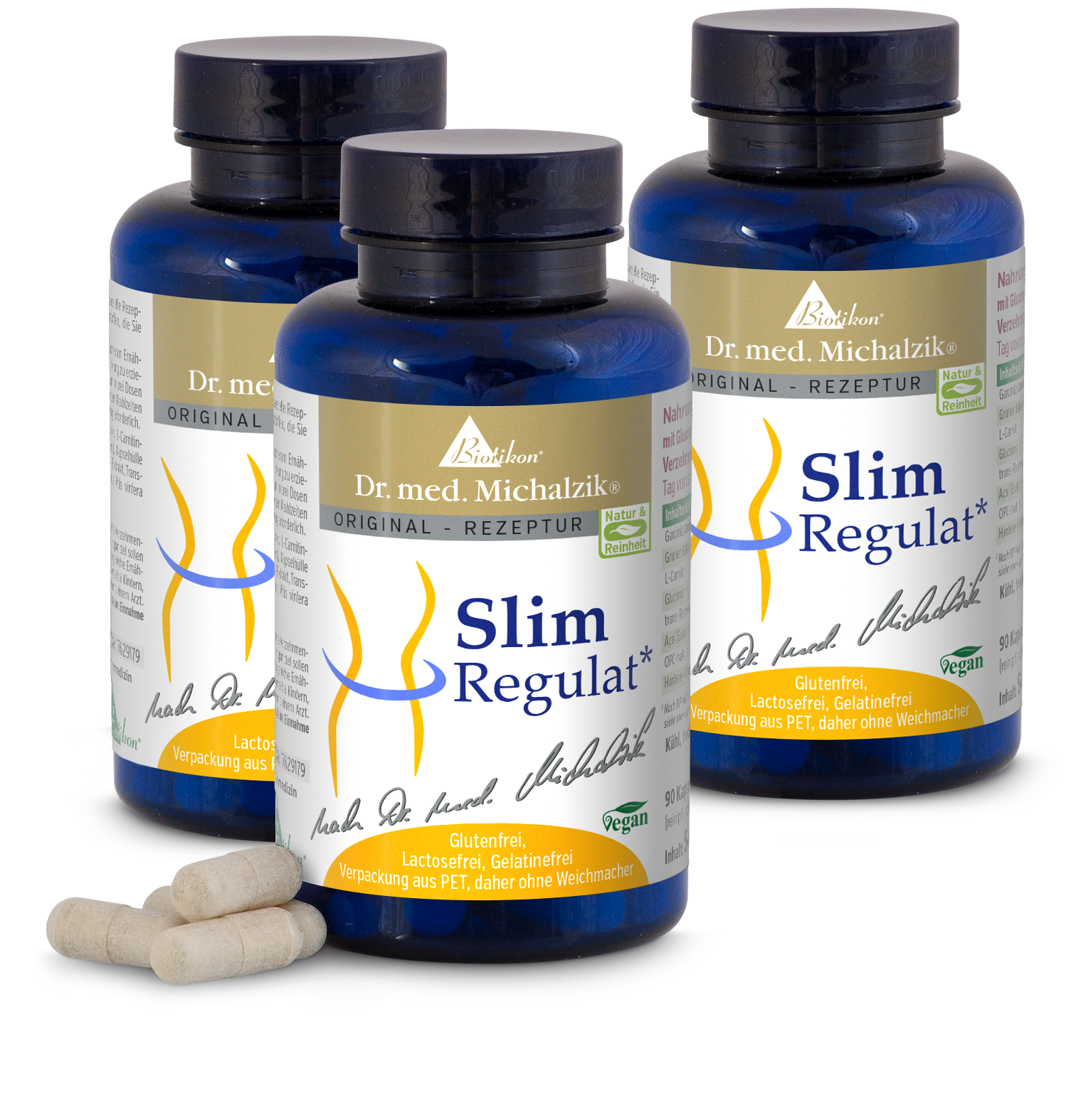 Slim Regulat – Cápsulas 90 unidades Tres botellas azules con cápsulas Slim Regulat, 90 unidades cada una, envase de PET, sin gluten, cápsulas veganas, cápsulas claras al frente.