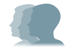 Tres siluetas de cabeza estilizadas en azul, vista lateral, sobre fondo blanco.