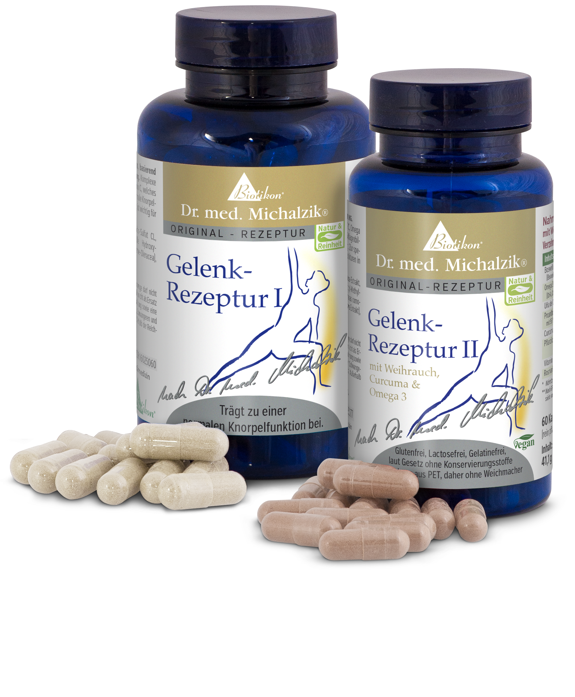 Dos botellas de Fórmula Articular I y II con cápsulas de varios colores. Botellas azules con etiquetas doradas. Cápsulas visibles en beige y marrón.