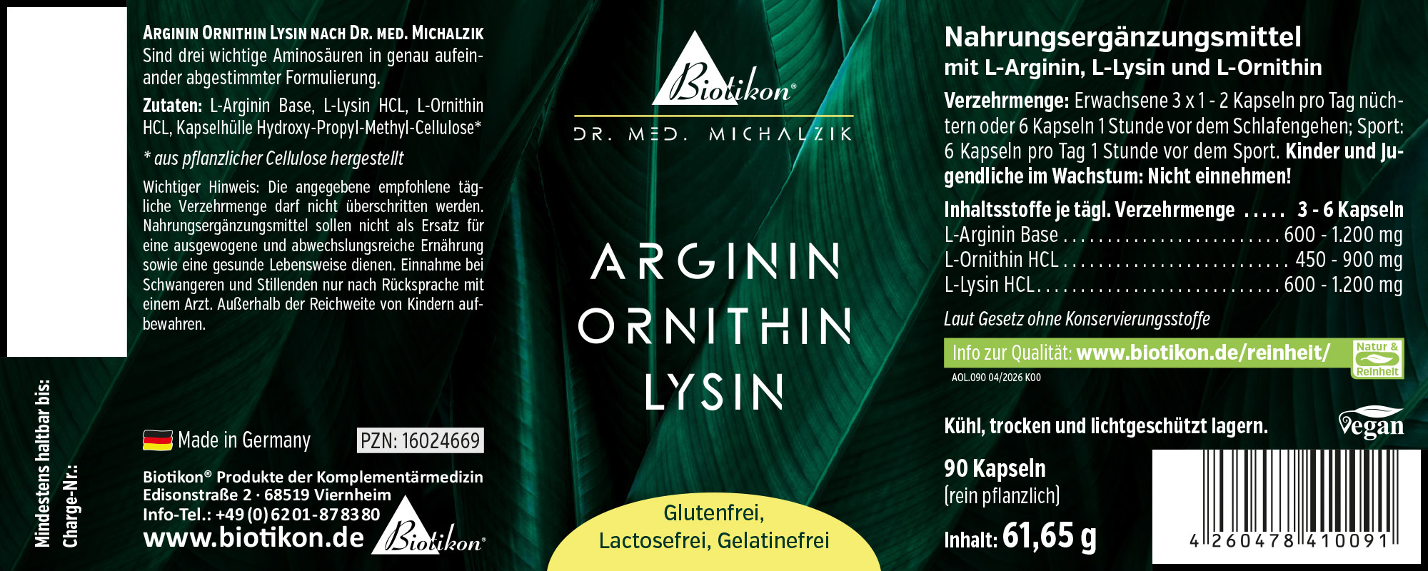 Suplemento alimenticio con L-Arginina, L-Lisina y L-Ornitina en envase de 90 cápsulas, fórmula vegana.