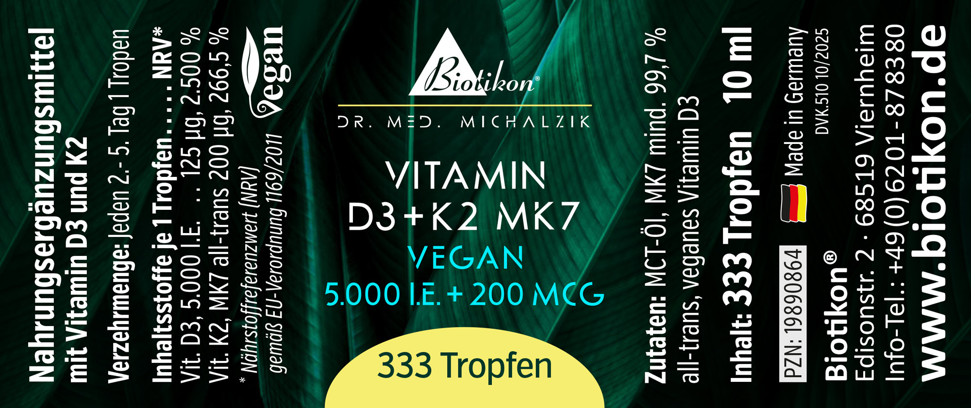 Botella con 333 gotas de vitamina D3 y K2 MK7, 10 ml, empaquetado en verde, vegano.