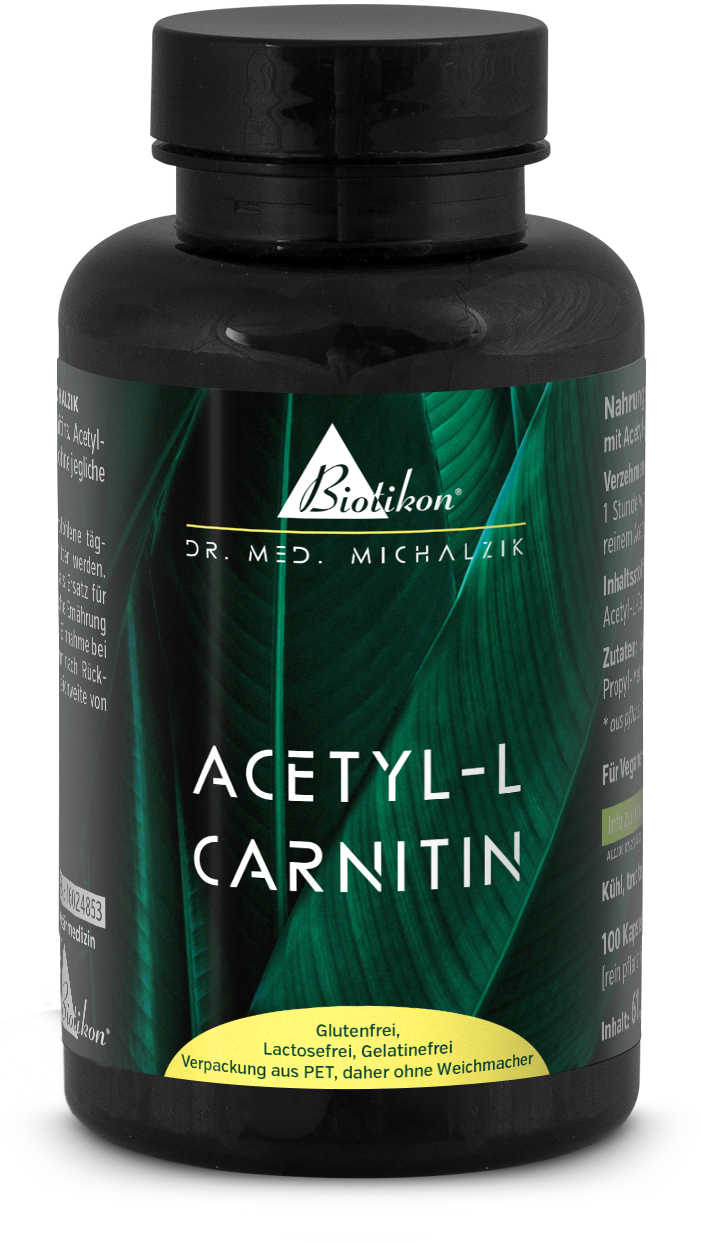Botella negra con cápsulas de Acetil-L-Carnitina, 100 unidades, envase PET, vista frontal