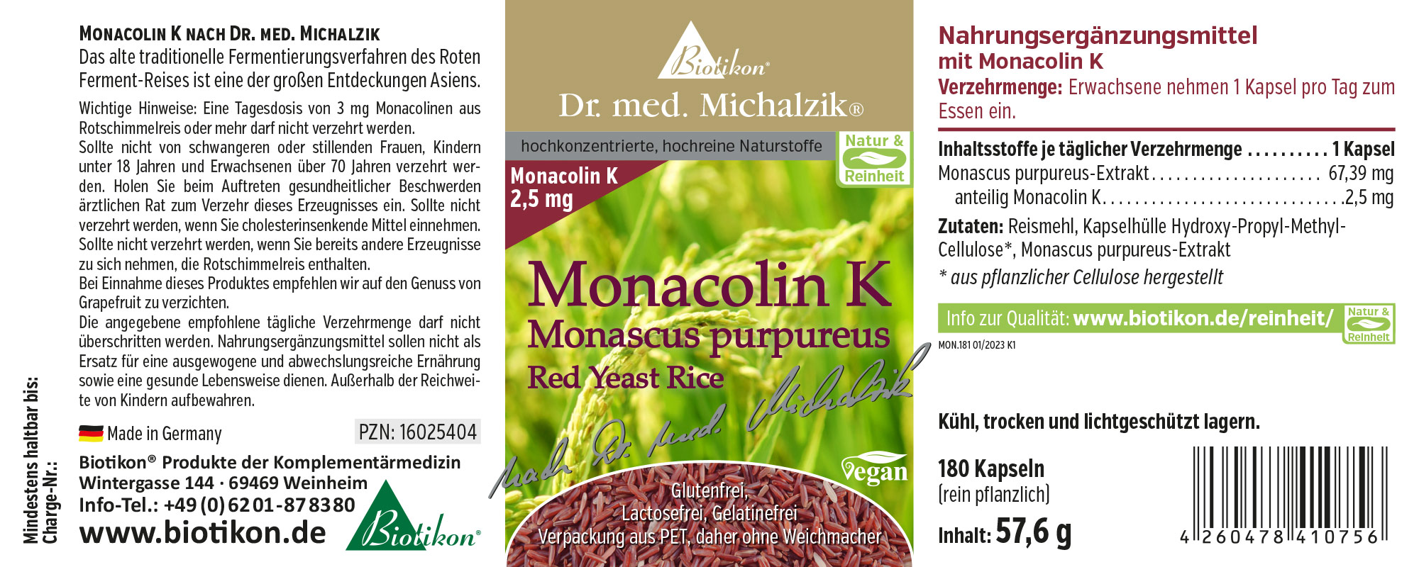 Etiqueta de Monacolina K en alemán Suplemento alimenticio Monacolina K en envase PET, 180 cápsulas, cápsulas marrones, vista frontal