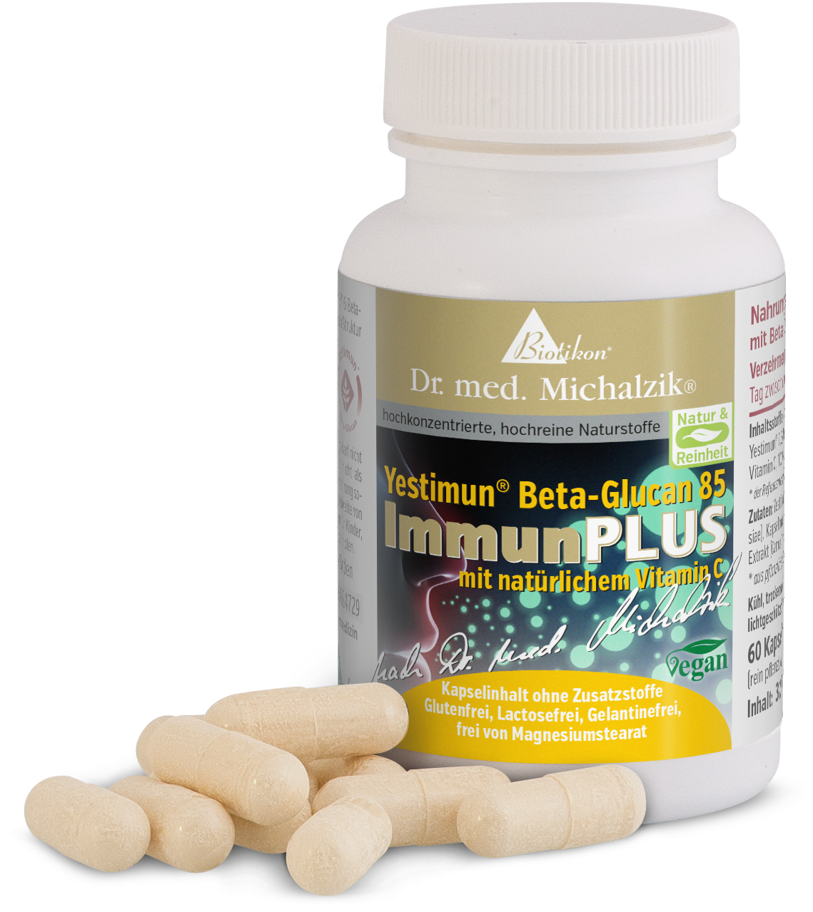 Yestimun Beta-Glucano 85 - Cápsulas Cápsulas de Yestimun Beta-Glucano 85 en una botella blanca, 60 piezas, ligeramente beige, sobre un fondo claro.