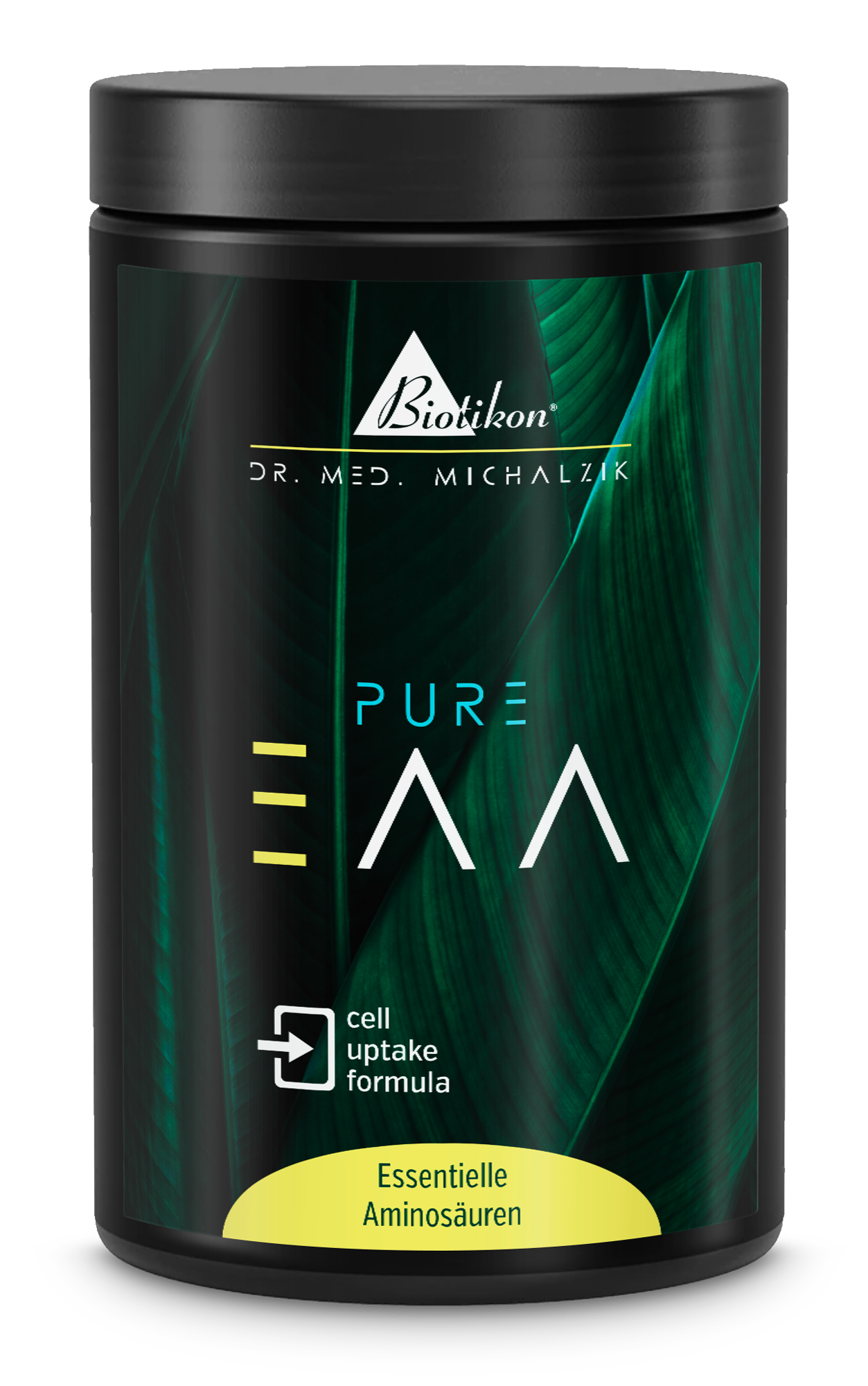 Contenedor negro con aminoácidos esenciales en polvo, hojas verdes de fondo, bien visible.