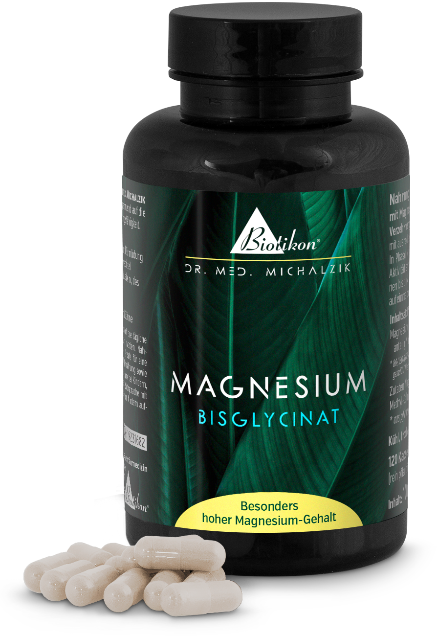 Bisglicinato de magnesio – 120 cápsulas Botella negra con cápsulas de bisglicinato de magnesio, 120 unidades, color marrón claro.