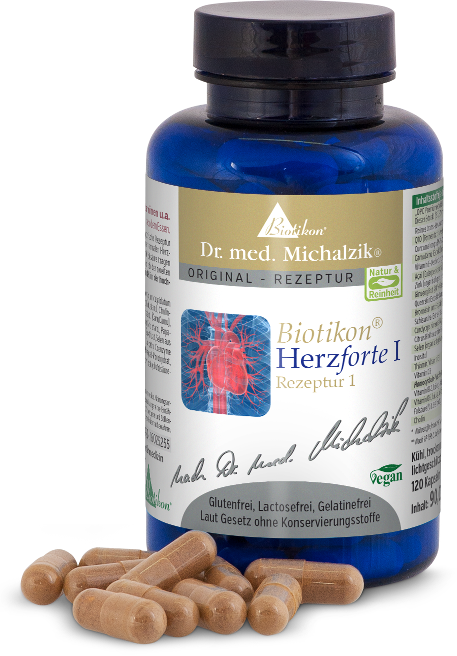 Corazón Fuerte I – 120 Cápsulas Contenedor vegano con 120 cápsulas marrones, sobre fondo blanco.