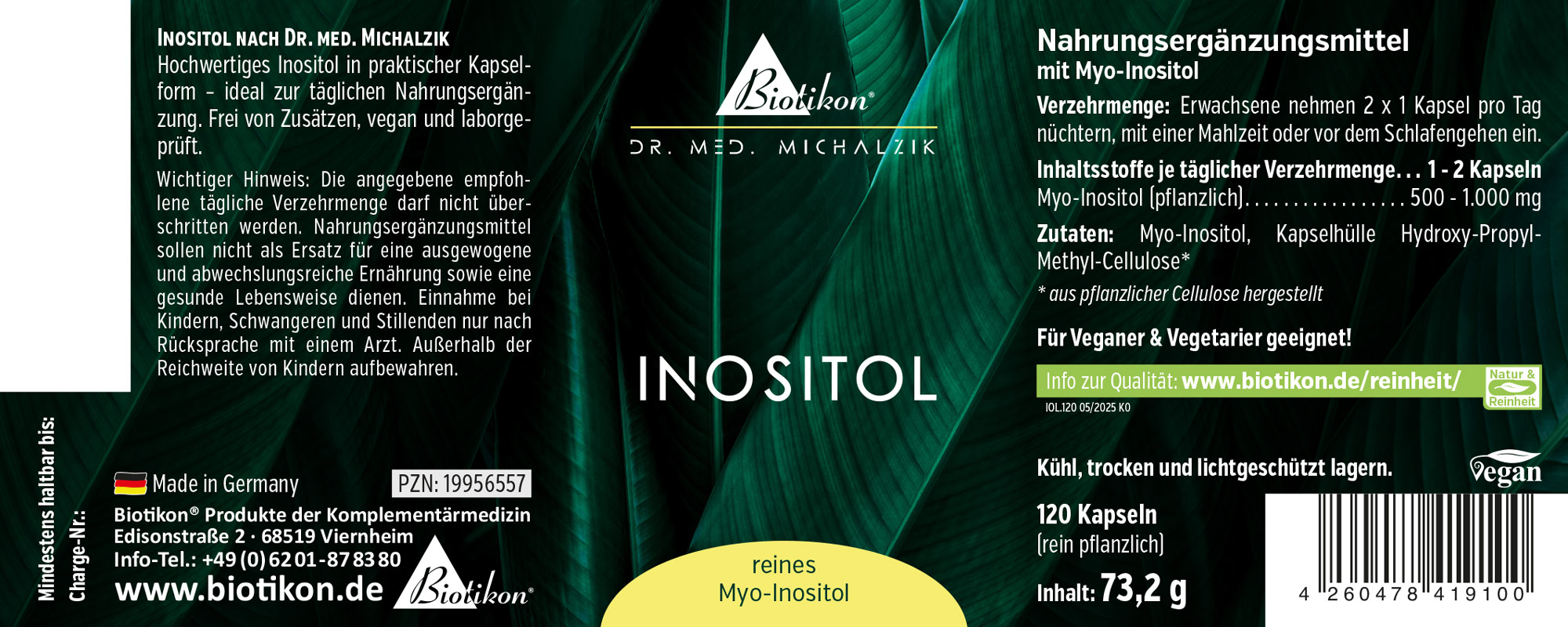 Suplemento de inositol en cápsulas, 120 unidades, envase verde, vegetal, vegano.