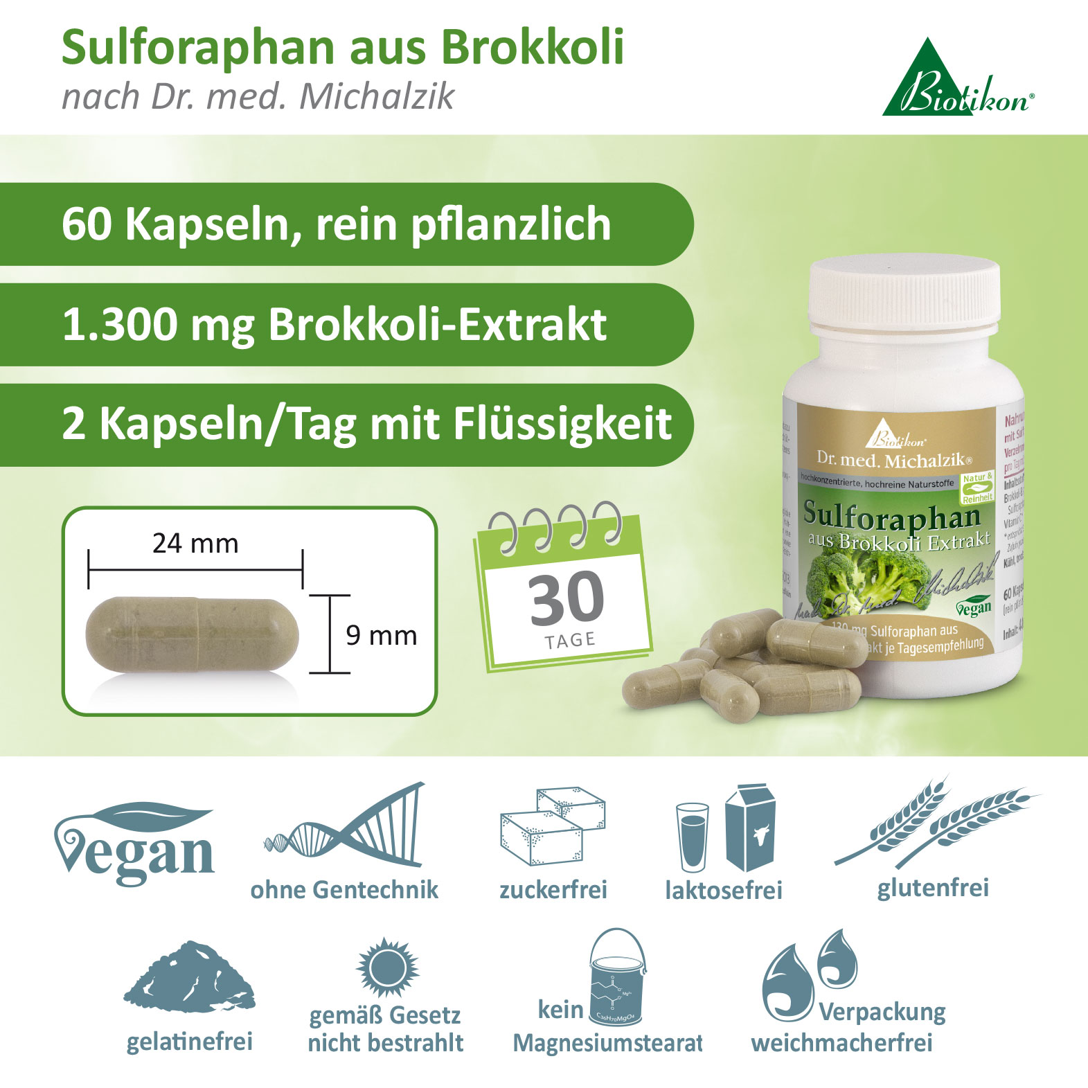 60 cápsulas vegetales con 1.300 mg de extracto de brócoli, color verde claro, botella con cápsulas, vegano.