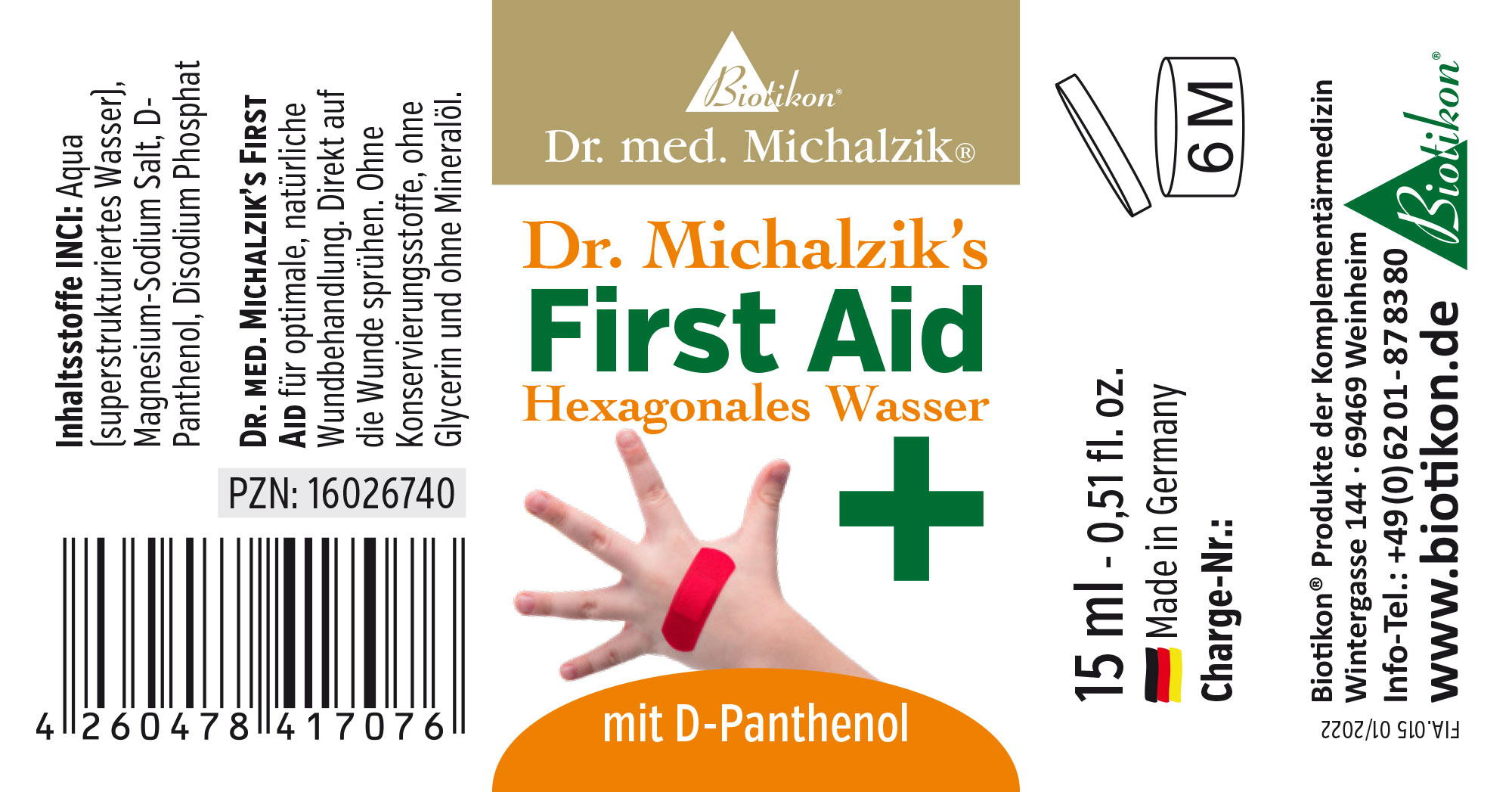 Agua hexagonal 15 ml – Primeros Auxilios Botella de 15 ml de agua hexagonal, D-Panthenol, primeros auxilios, envase naranja, mano con vendaje, vista frontal.