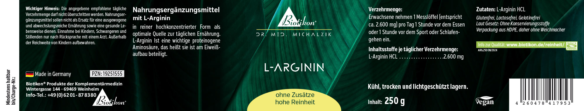 Suplemento de L-Arginina, polvo de 250 g en un envase verde, vista lateral.