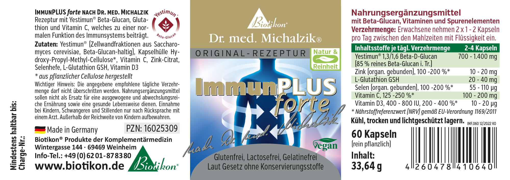 ImmunPLUS forte, suplemento dietético, 60 cápsulas veganas en un envase, combinadas por color