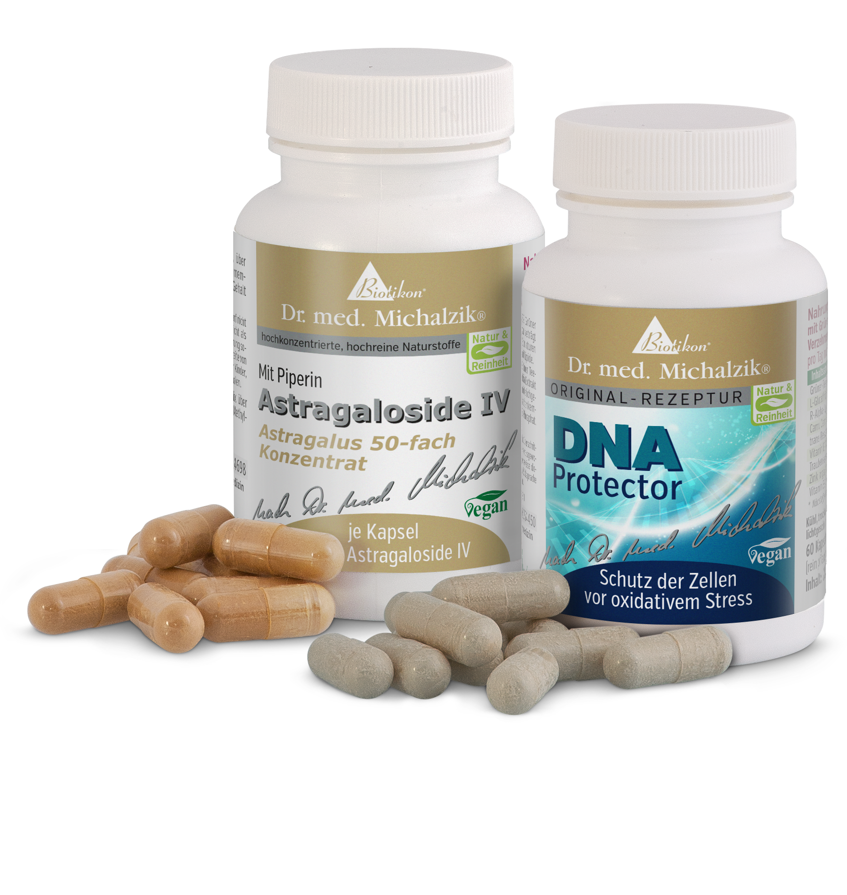 Astragaloside IV 50x – Cápsulas Dos frascos de cápsulas de Astragaloside IV y DNA Protector, cápsulas beige y grises sobre una mesa.