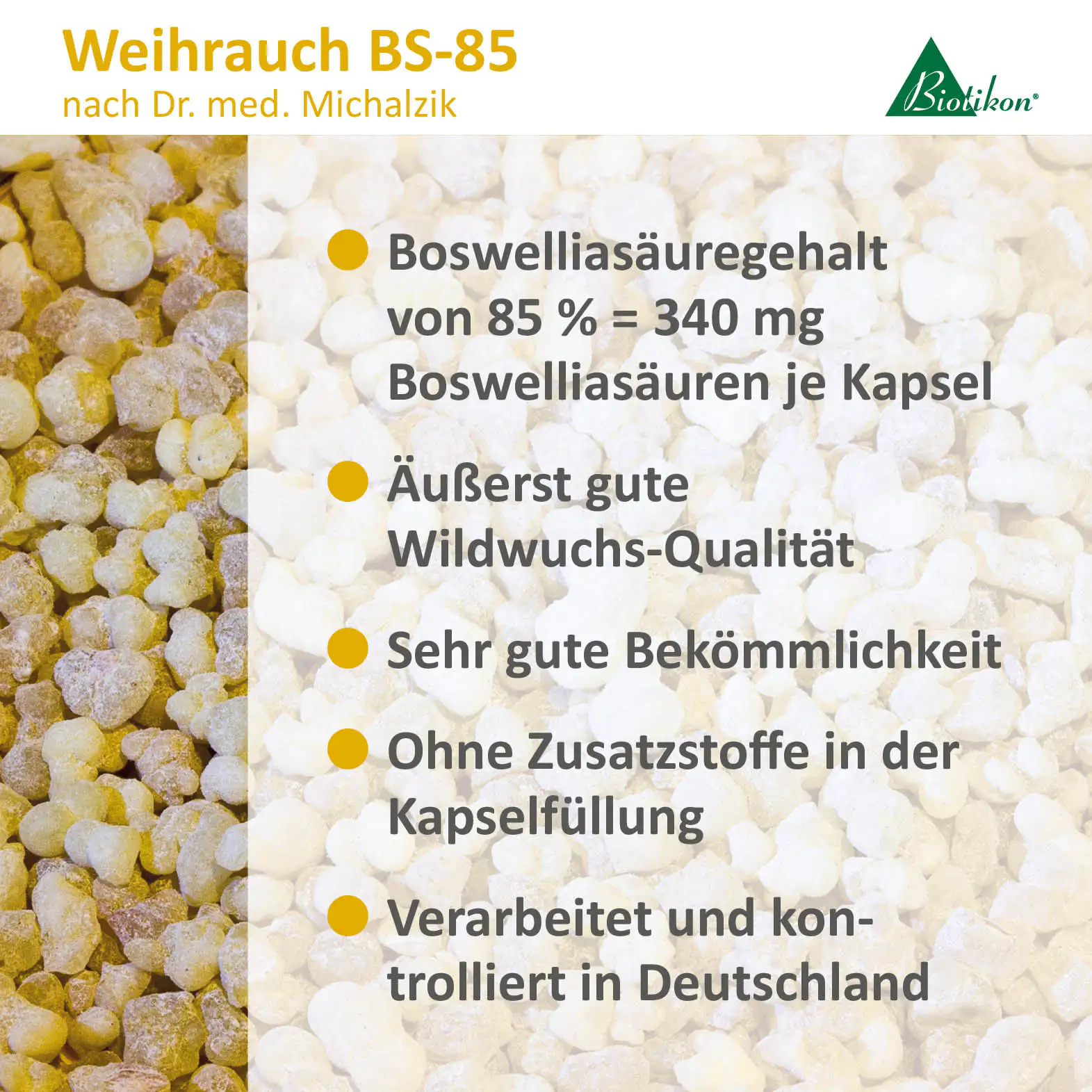 Cápsulas de Incienso BS-85 con 340 mg de ácidos boswellicos, envase transparente, contenido marrón claro.