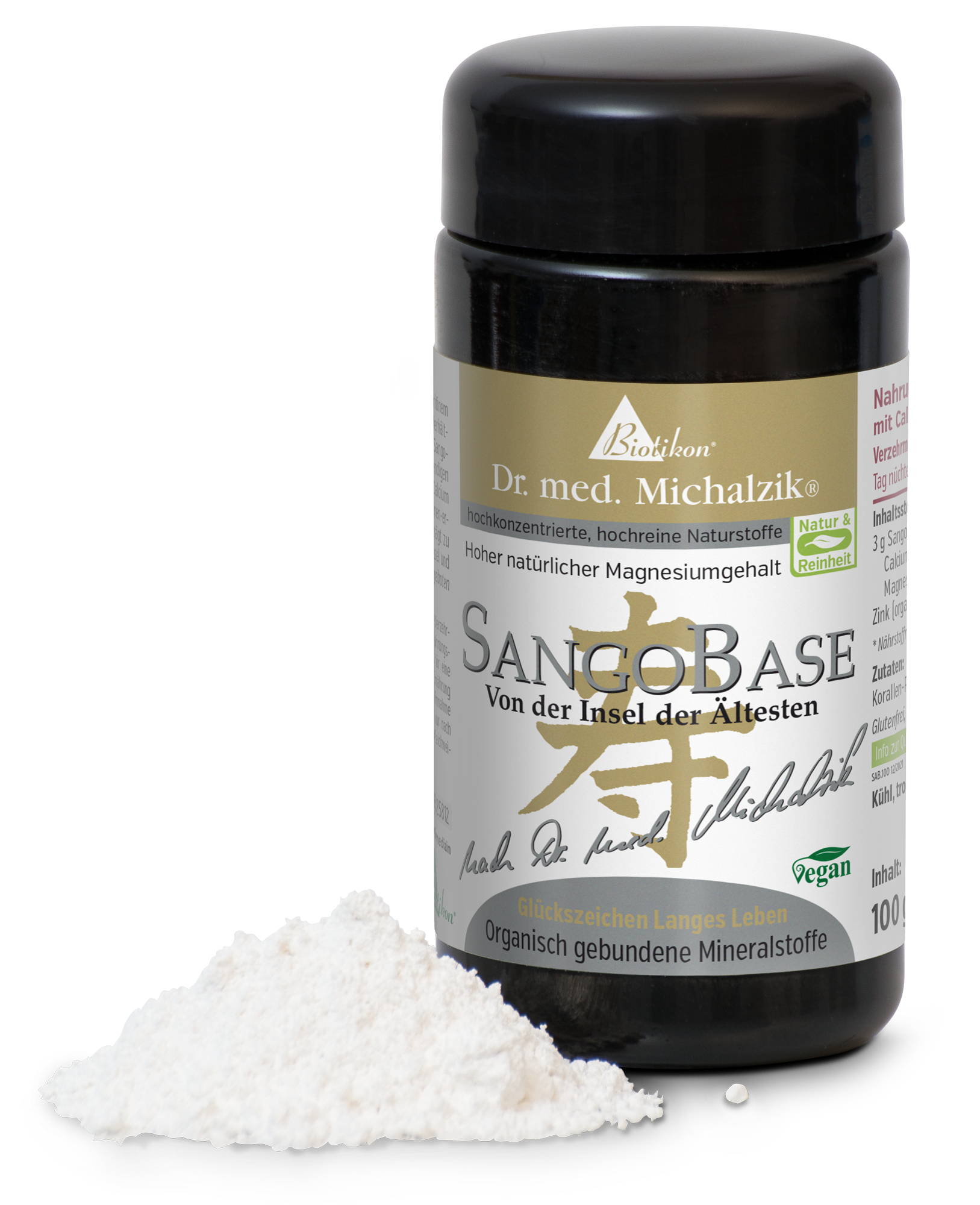 SangoBase polvo en una lata negra de 100 g, contiene ingredientes minerales, junto a una porción de polvo blanco.