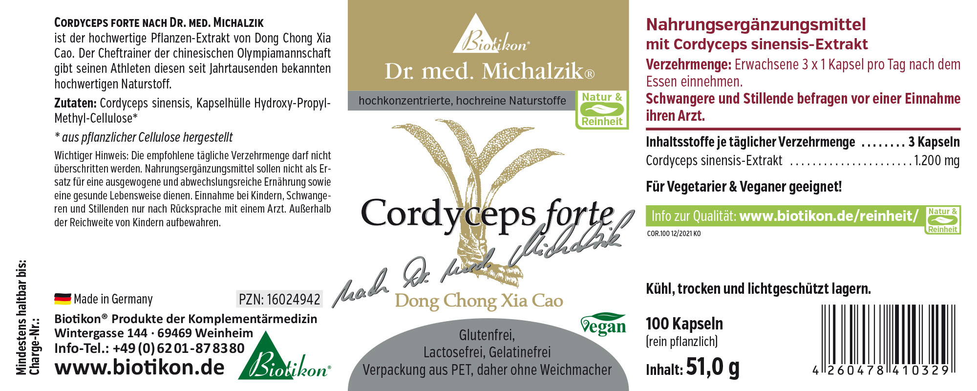 Suplemento alimenticio Cordyceps forte en cápsulas, 100 unidades, empaque de colores claros, dosificación intuitiva.