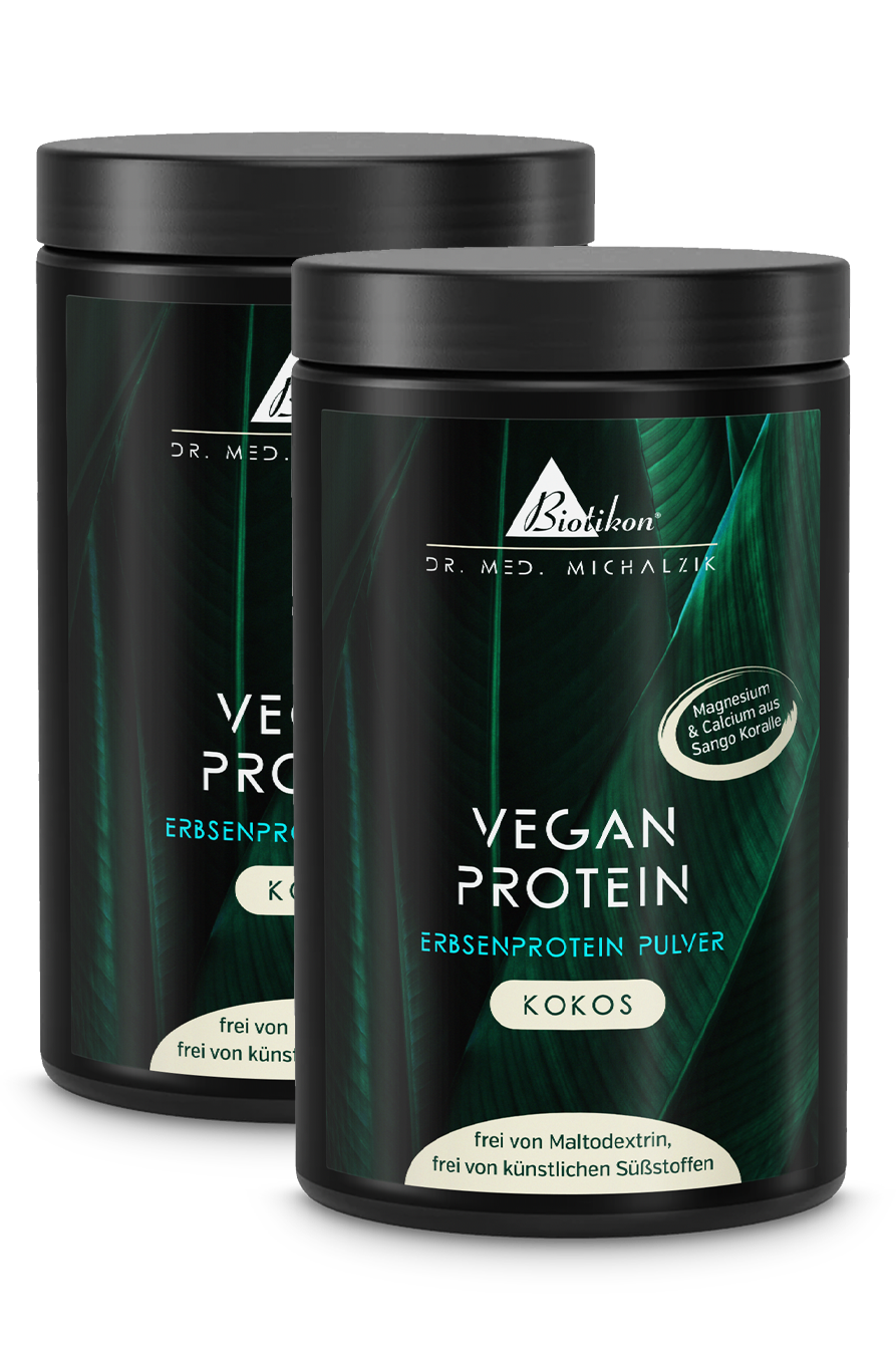 Dos latas de proteína vegetal en polvo con sabor a coco, cada una de 400 g, en envase blanco.