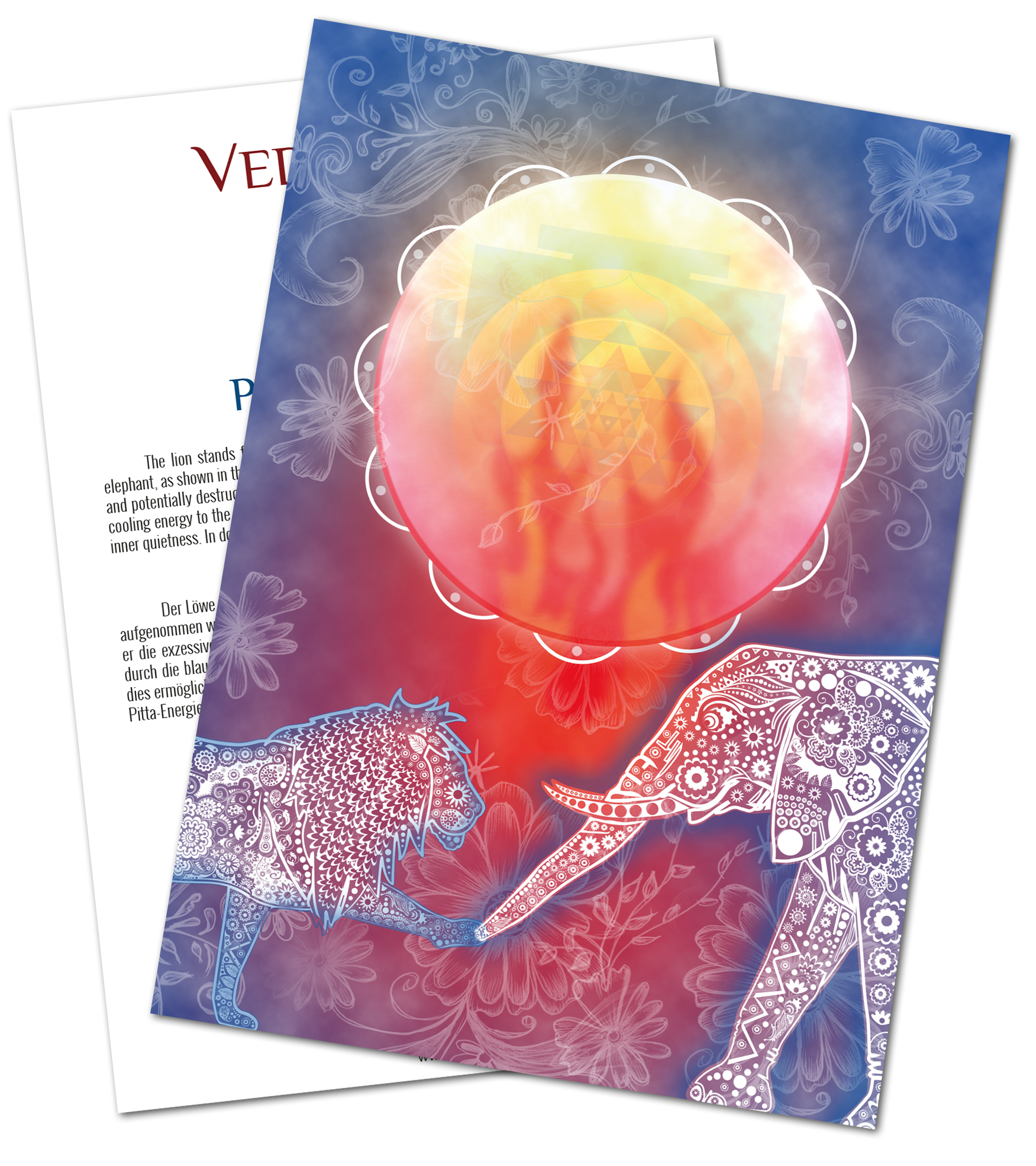 Póster vibrante con leones y elefantes, delicados detalles de mandala, paleta de colores cálidos.