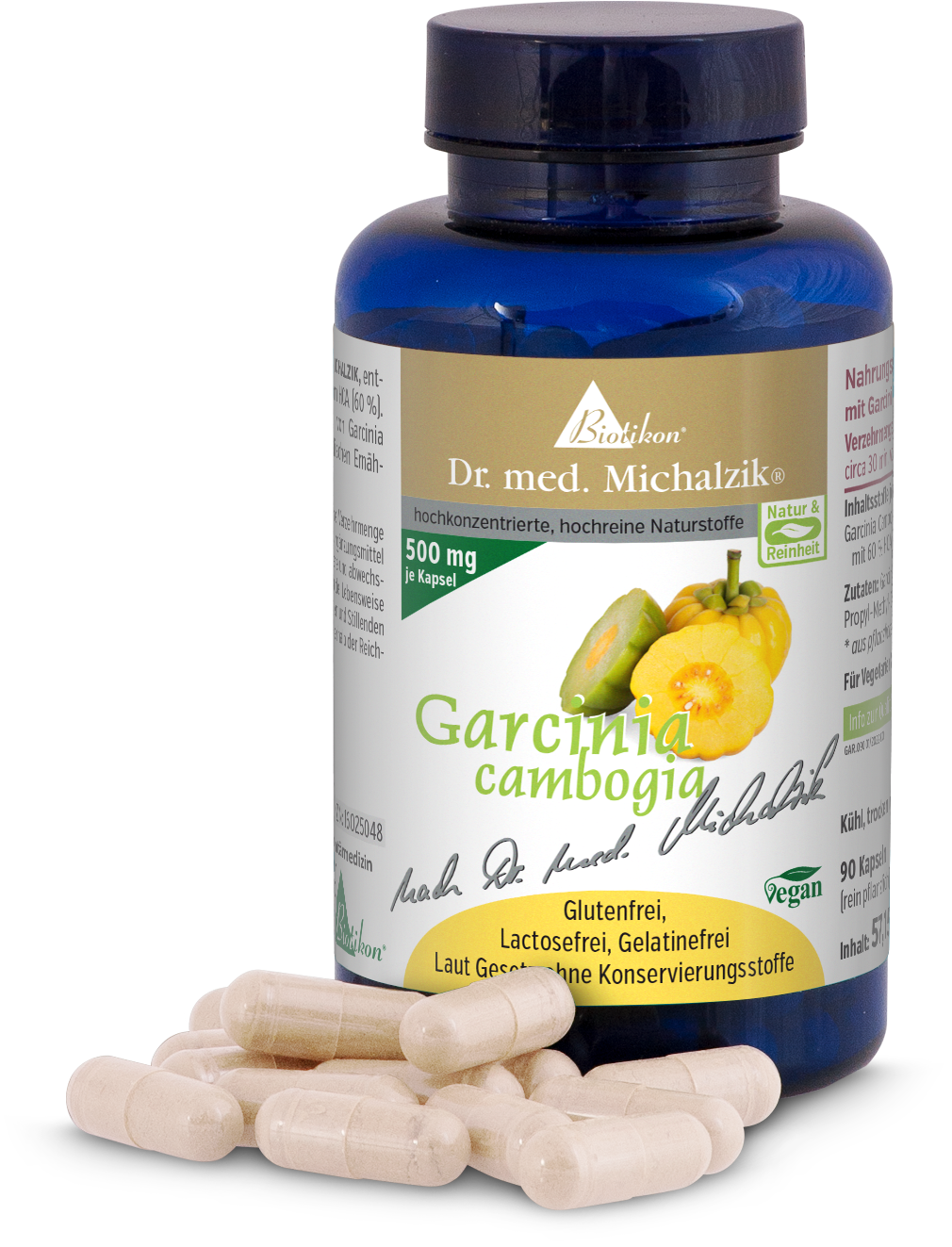Garcinia Cambogia 500 mg – Cápsulas Botella azul con 90 cápsulas, Garcinia Cambogia, cápsulas visibles y diseño de fruta.
