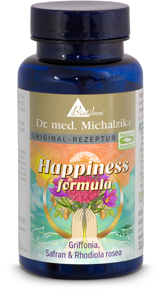 Fórmula de Felicidad – Cápsulas de Griffonia Cápsulas Fórmula de Felicidad de Biotikon, 60 unidades, frasco azul con etiqueta colorida, vegano.