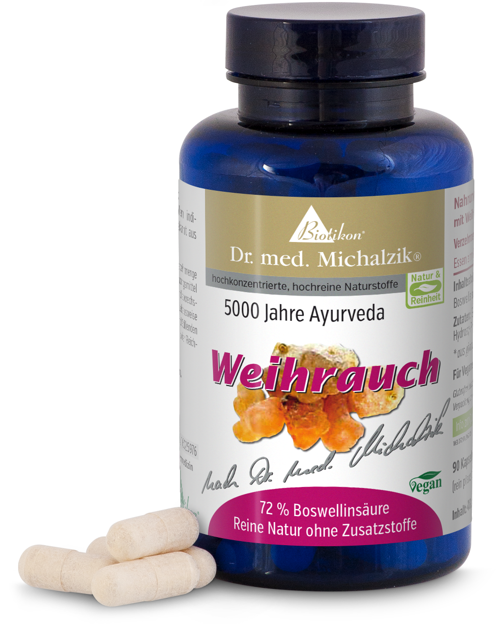 Cápsulas de incienso en botella azul, 90 piezas, veganas, con cápsula blanca y ácido boswélico.