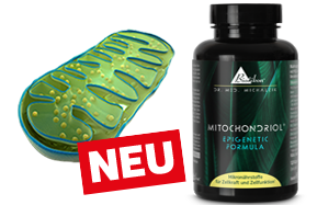 Fórmula epigenética Mitochondriol, frasco negro con 90 cápsulas, etiqueta 'NUEVO', fondo con representación mitocondrial verde.