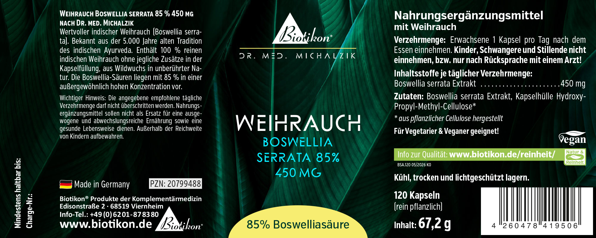 Incienso 450 mg Boswellia serrata 85% Etiqueta
