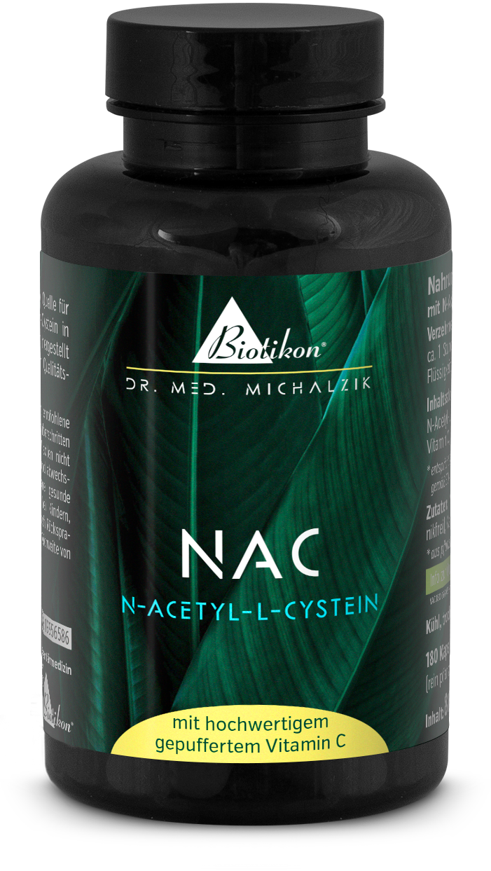 Botella negra con N-Acetil-L-Cisteína, 180 cápsulas, alta calidad, sin aditivos, vista frontal.