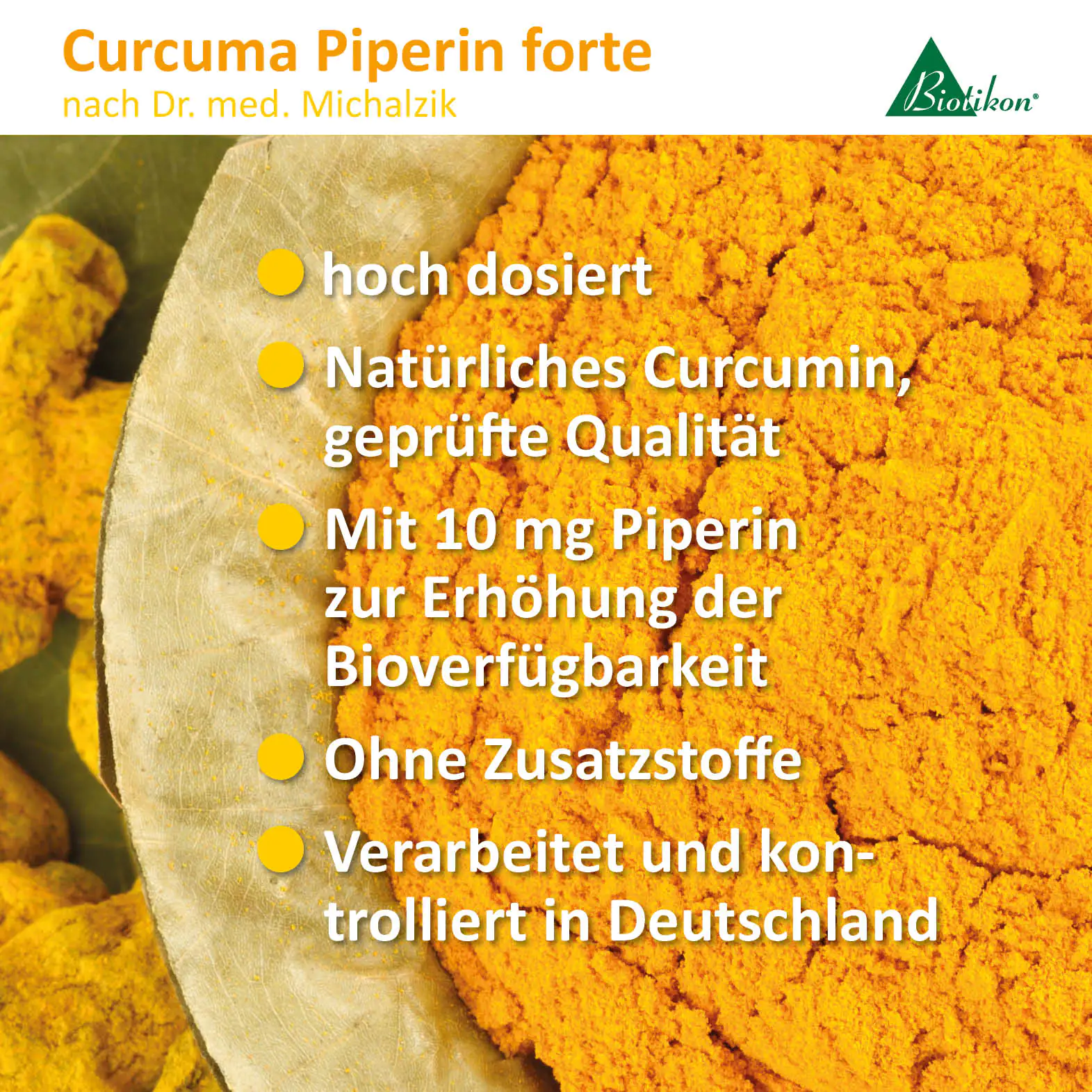 Curcuma Piperina Forte – alta dosis Polvo de cúrcuma de color amarillo, finamente molido, con raíz de cúrcuma de fondo y diseño del paquete visible.