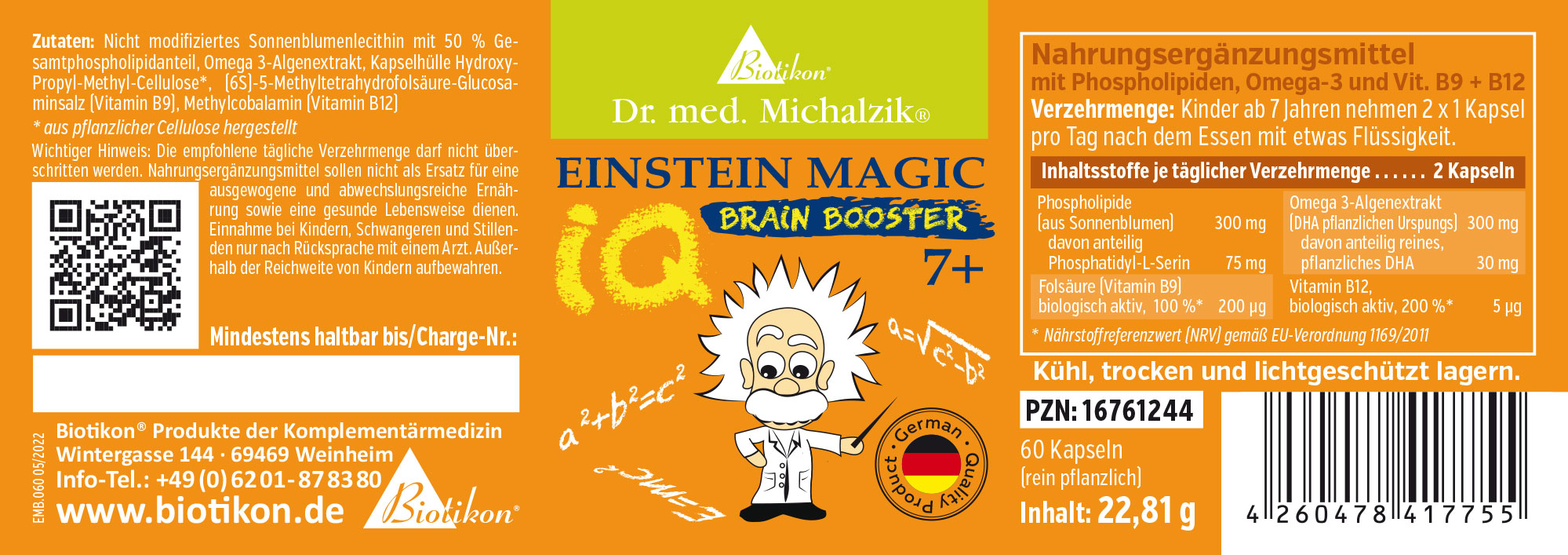 Einstein Magic IQ Brain Booster – 60 Cápsulas Suplemento en cápsulas, 60 unidades, envase naranja, con imágenes de un científico.