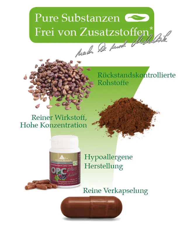 Cápsulas OPC plus en botella blanca con cápsulas marrones, fabricadas con materias primas de alta calidad.