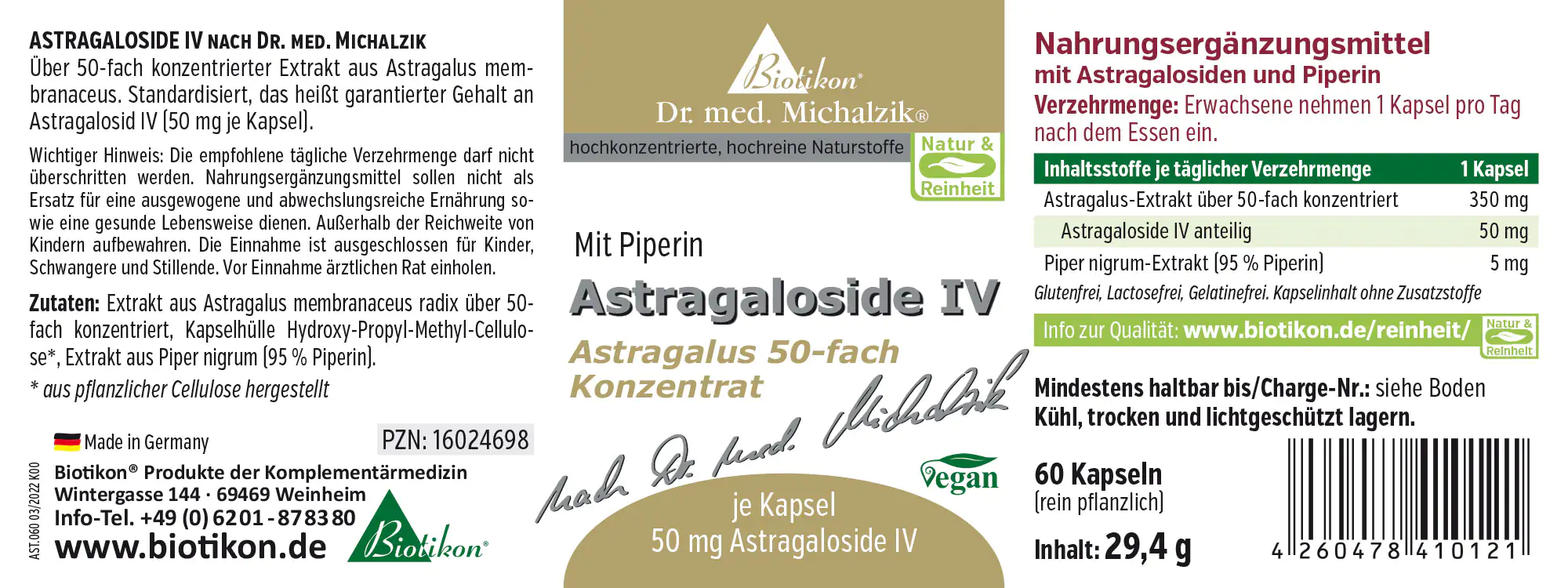 Paquete con 60 cápsulas de Astragalósido IV, 50 mg por cápsula, en envase verde y blanco, vista frontal.