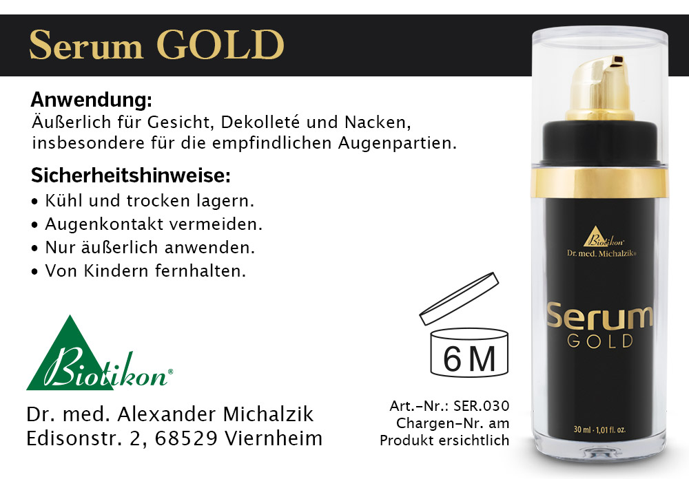 Suero GOLD – Dispensador de 30 ml Dispensador negro con tapa dorada, suero GOLD de 30 ml para rostro y escote.