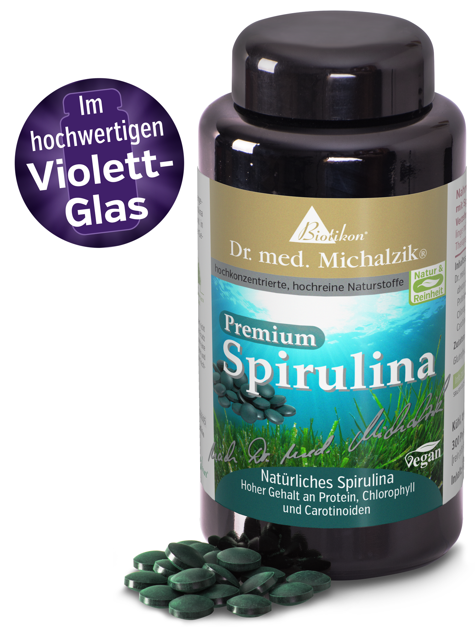 Dosis de Spirulina Premium en vidrio violeta Botella de vidrio violeta con tabletas de Spirulina premium, 300 unidades, tabletas verdes en el fondo.