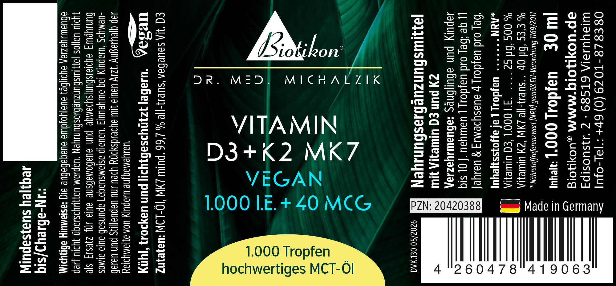 Botella de 30 ml de vitamina D3 y K2 MK7 en forma de gotas, envase verde, vegano.