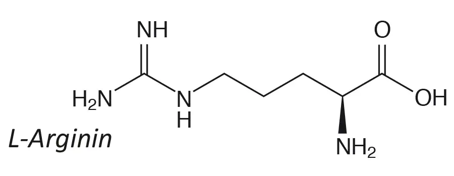 Estructura química de L-Arginina con representación en un solo color, mostrando enlaces y grupos químicos.