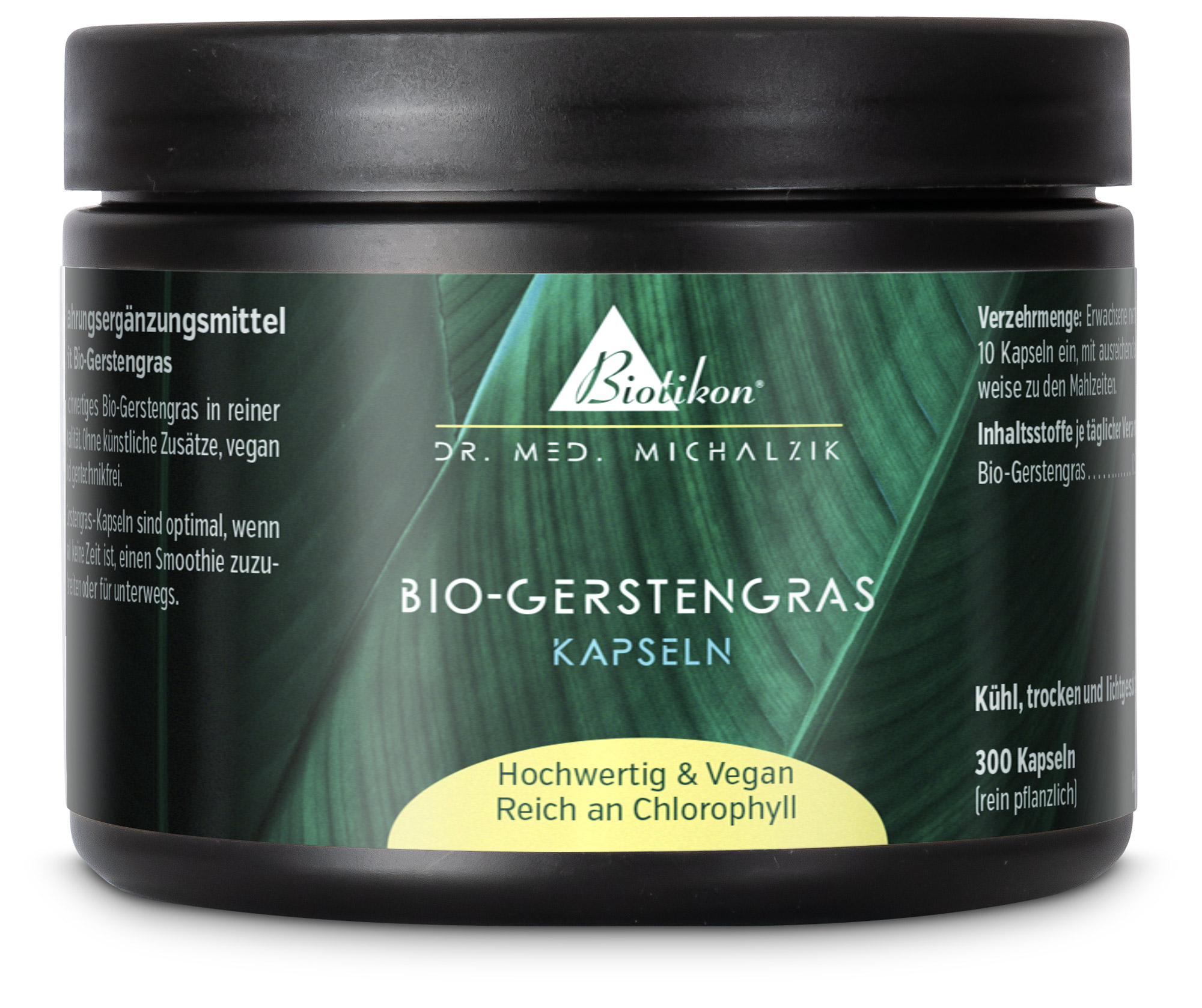 Cápsulas de Césped de Cebada Orgánico - 300 Uds Cápsulas de Césped de Cebada Orgánico en envase negro, 300 cápsulas, veganas y de alta calidad.