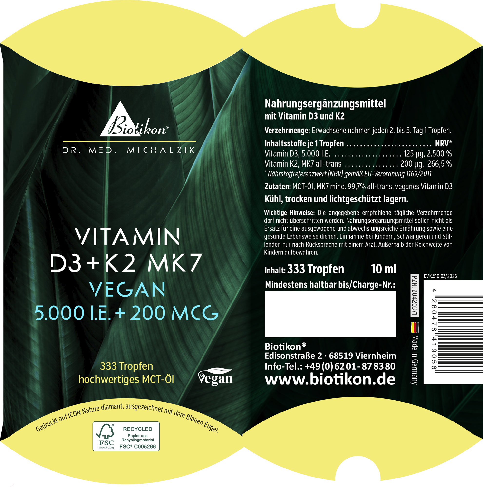 Suplemento con vitamina D3 y K2 en forma de gotas, 10 ml, envase verde.