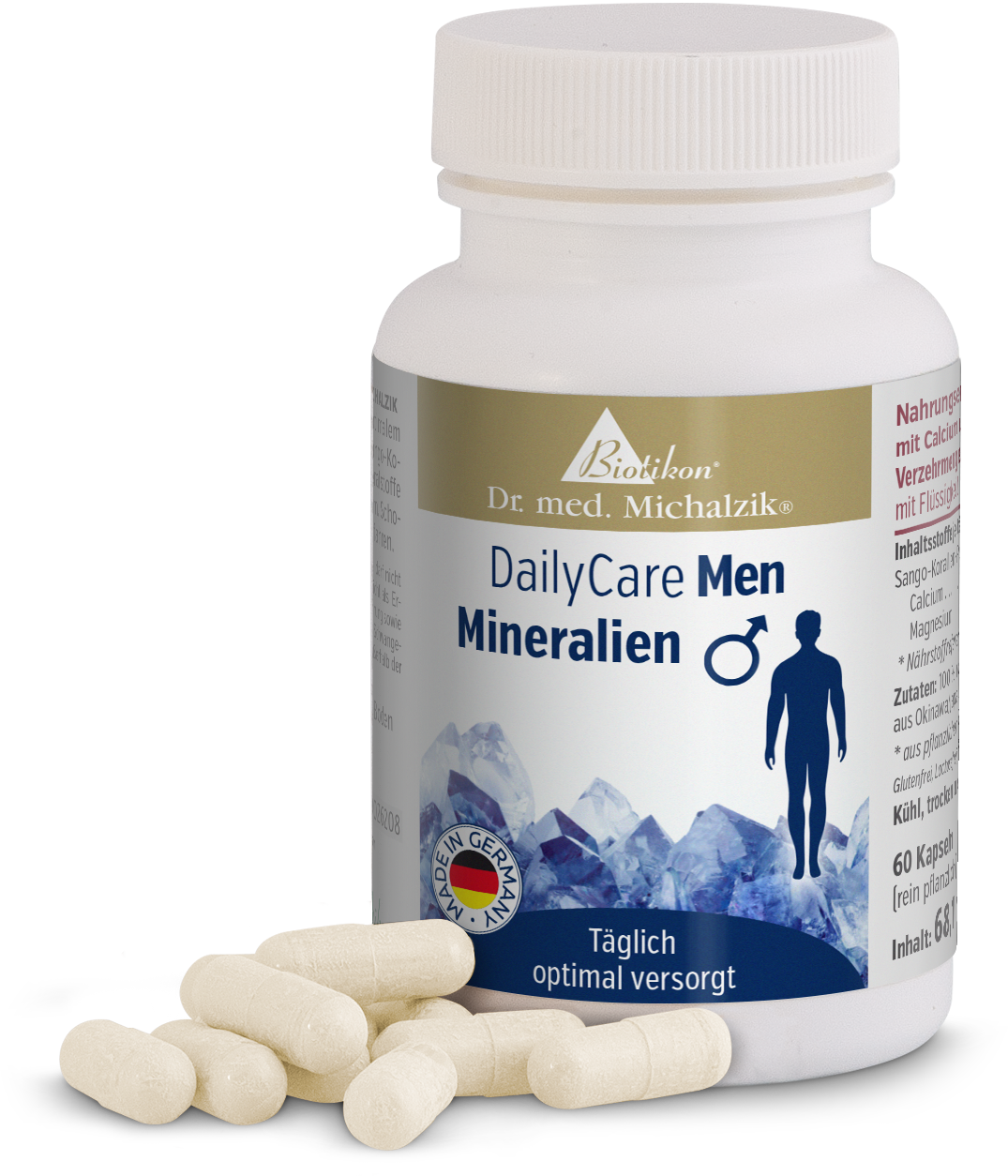 Cápsulas de Minerales – 60 Unidades Cápsulas DailyCare Men de minerales, 60 unidades en envase blanco con acentos azules, junto a cápsulas sobre fondo blanco.