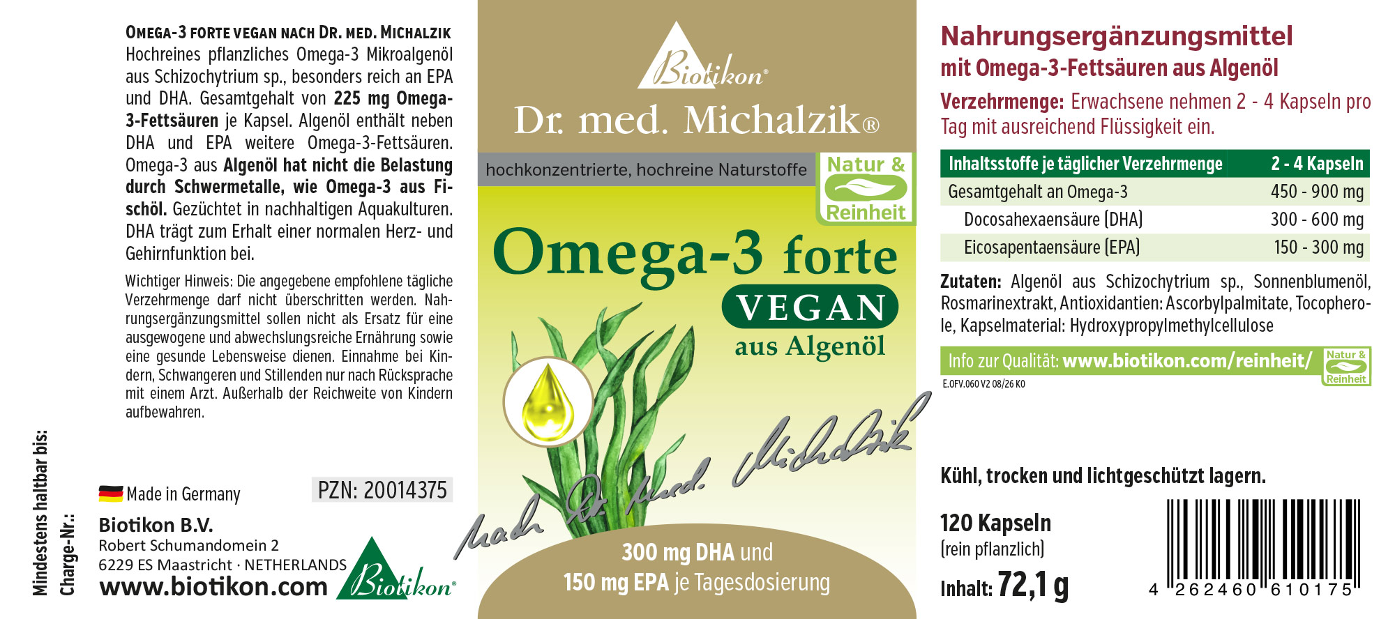 Omega-3 forte vegano Original según el Dr. med. Michalzik - Etiqueta 60 cápsulas