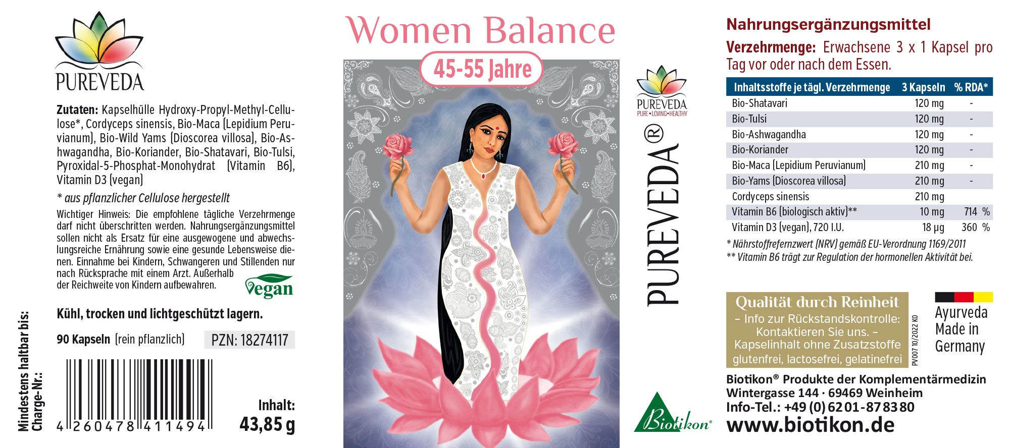 Balance Mujeres - 90 Cápsulas Suplemento alimenticio para mujeres de 45-55 años, 90 cápsulas en envase, vegano, totalmente vegetal.