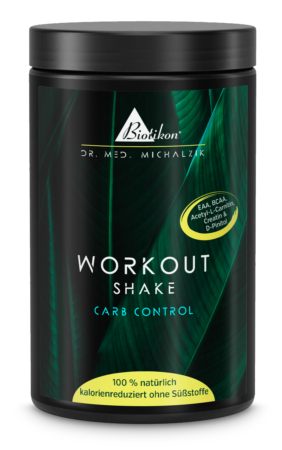Lata negra de Workout Shake Control de Carbohidratos, 100% natural, bajo en calorías, sin edulcorantes, vista frontal.