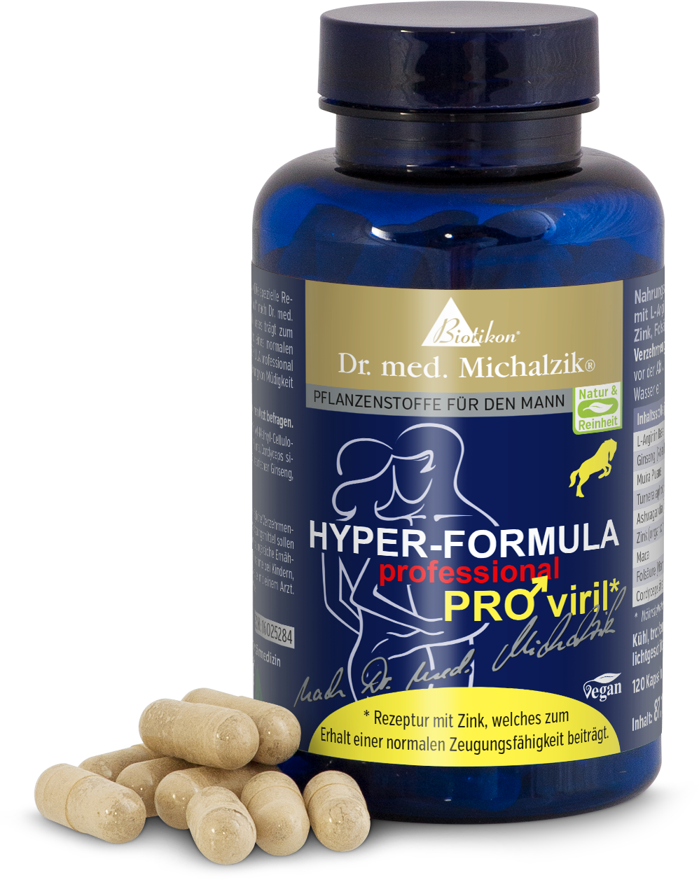 Hyper-Formula PRO viril 120 cápsulas Botella azul con 120 cápsulas, ingredientes vegetales, veganas, cápsulas visibles en el exterior.