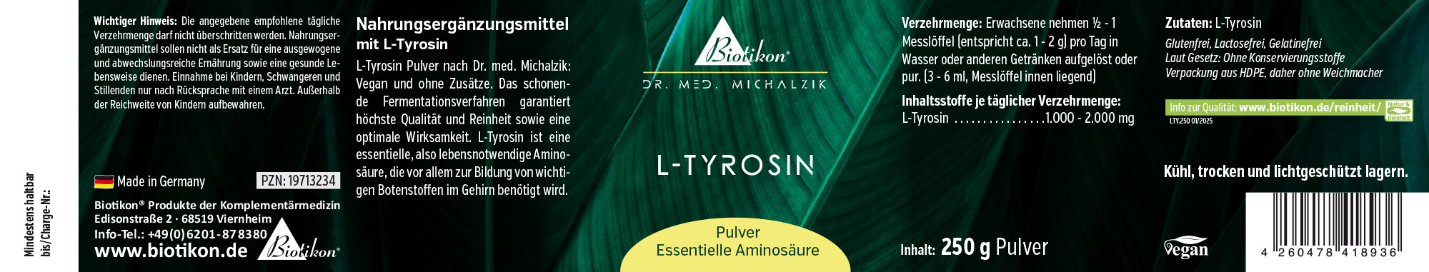 L-Tirosina 250 g – Polvo Suplemento de L-Tirosina, 250 g de polvo en un envase estable, diseño en verde, vista frontal.