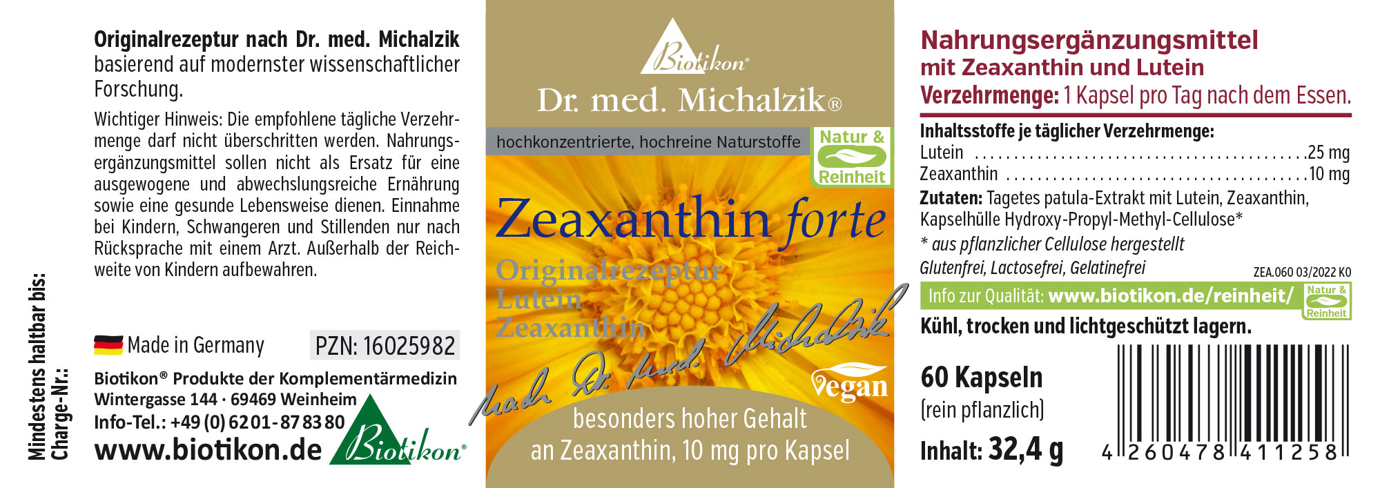 Suplemento de zeaxantina forte en un envase de 60 cápsulas, veganas y de alta concentración.
