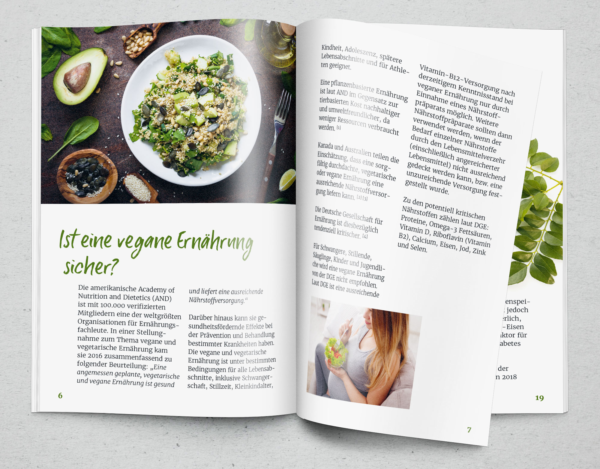 ¿Nutrición vegana: segura y saludable? Página de revista sobre nutrición vegana con un colorido tazón de ensalada y texto. Fondo en tonos suaves.