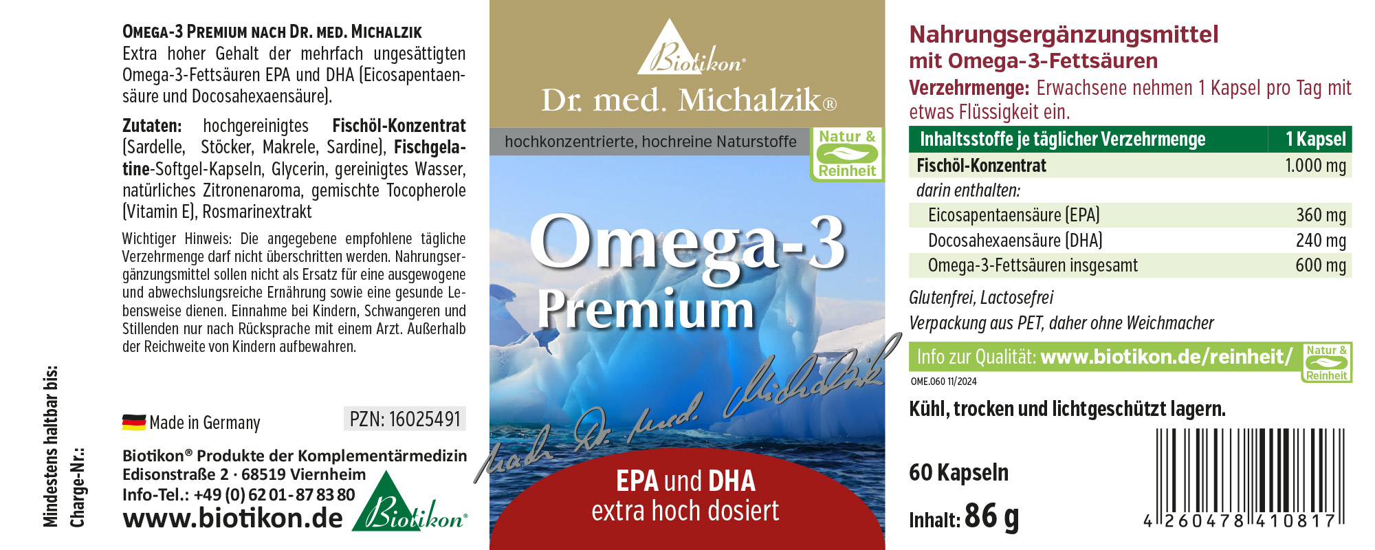 Suplemento Omega-3 Premium en envase PET, 60 cápsulas blandas con diseño azul y blanco.