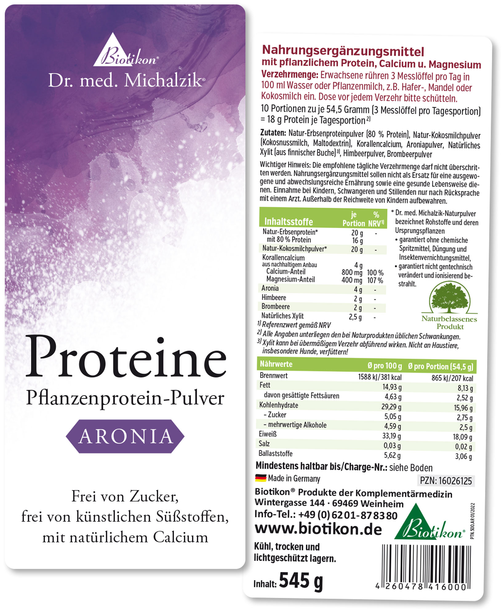 Proteína vegetal en polvo combinada con aronia, mezcla de bayas, envase de 545 g, diseño en púrpura y blanco.
