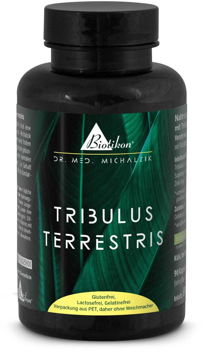 Suplemento dietético Tribulus Terrestris en botella PET negra, 90 cápsulas, libre de gluten y lactosa.